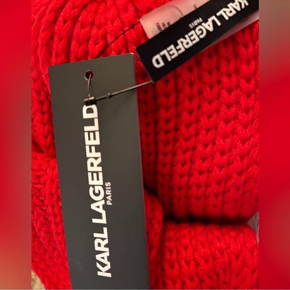 Karl Lagerfeld Vibrant Red Scarf with Pom Poms ❤️ - Picture 3 of 3